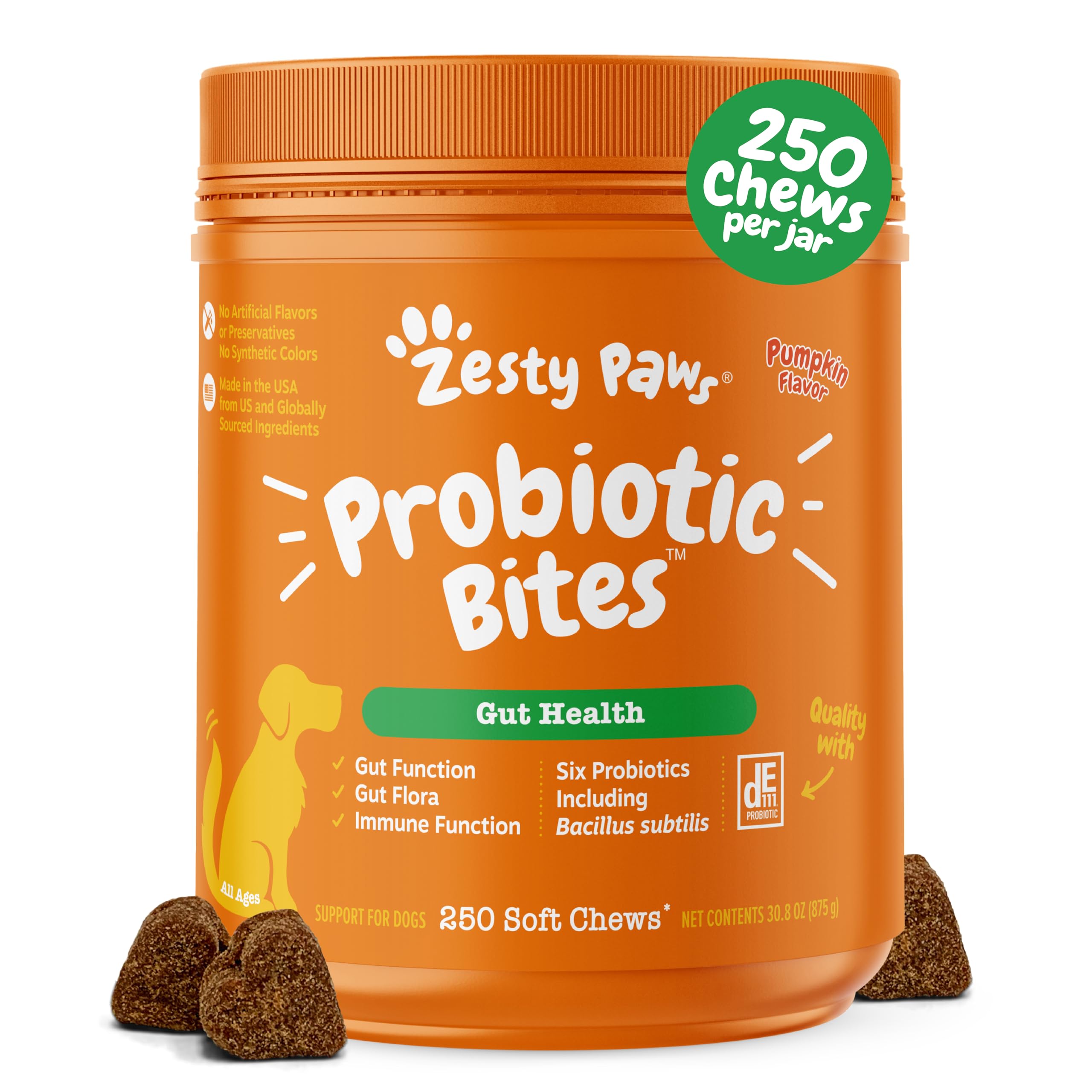 Zesty Paws DE111 probiotic chew with pumpkin for digestive balance.