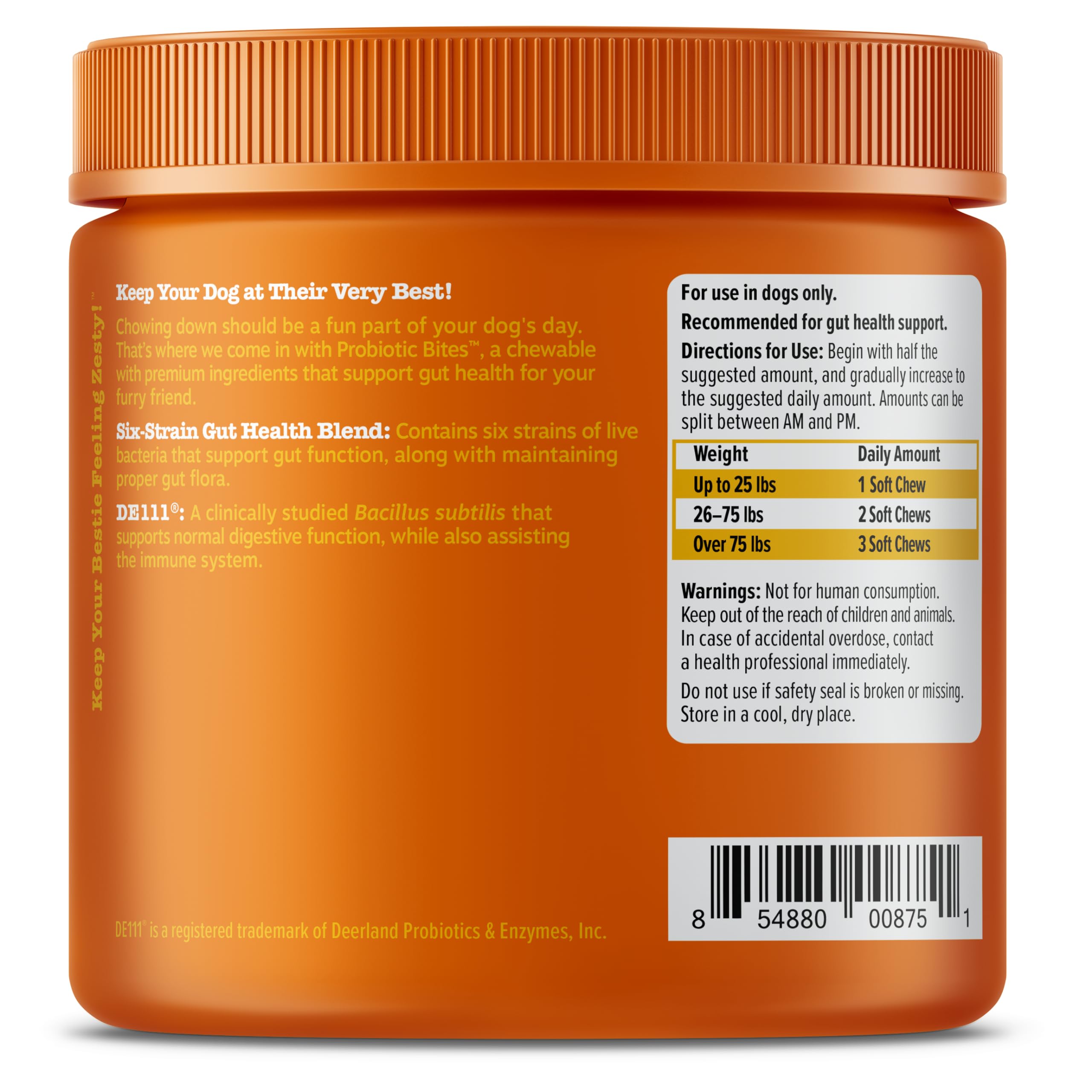 Packaging label shows immune and digestive benefits of Zesty Paws Probiotics.