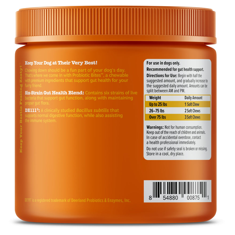 Packaging label shows immune and digestive benefits of Zesty Paws Probiotics.
