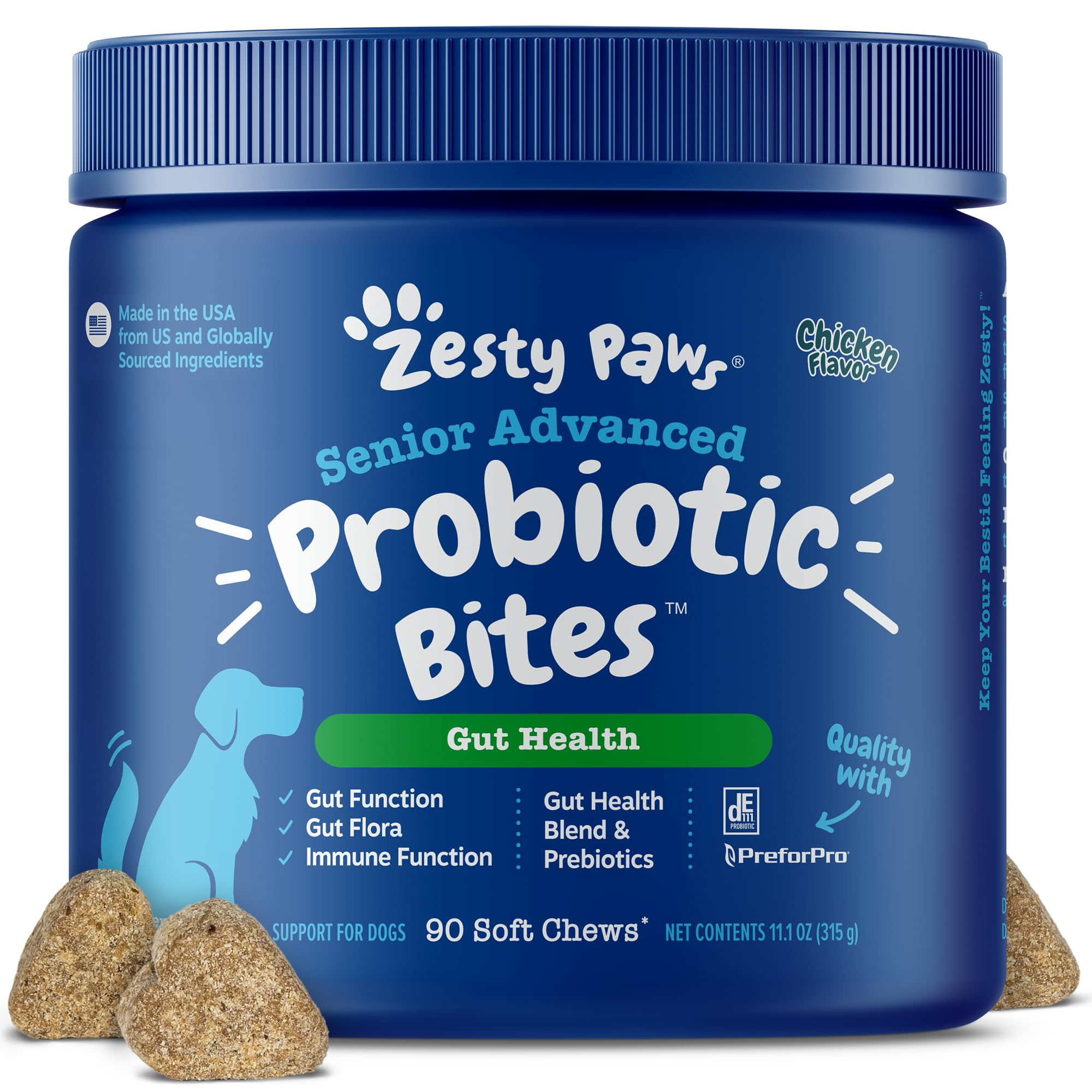 Zesty Paws Probiotics for Dogs with digestive enzymes chews; supports digestion.