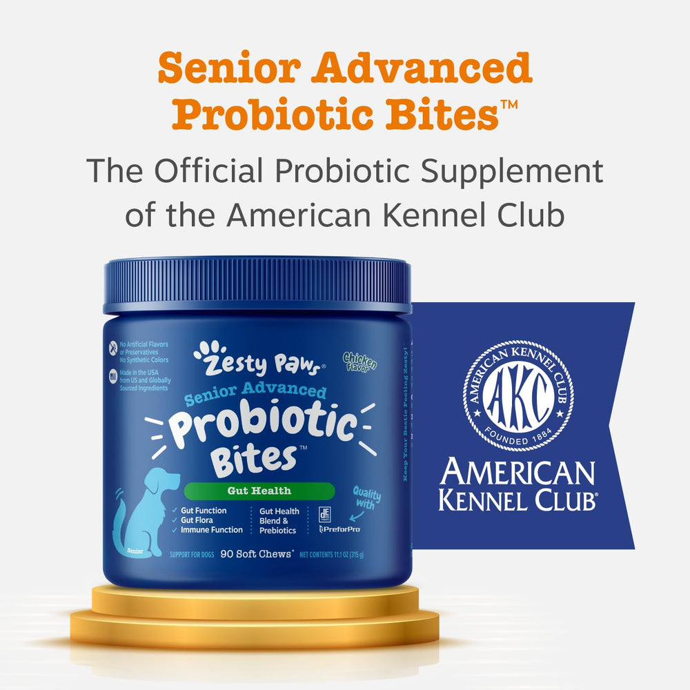 Zesty Paws digestive health formula; chewable probiotics for dogs.