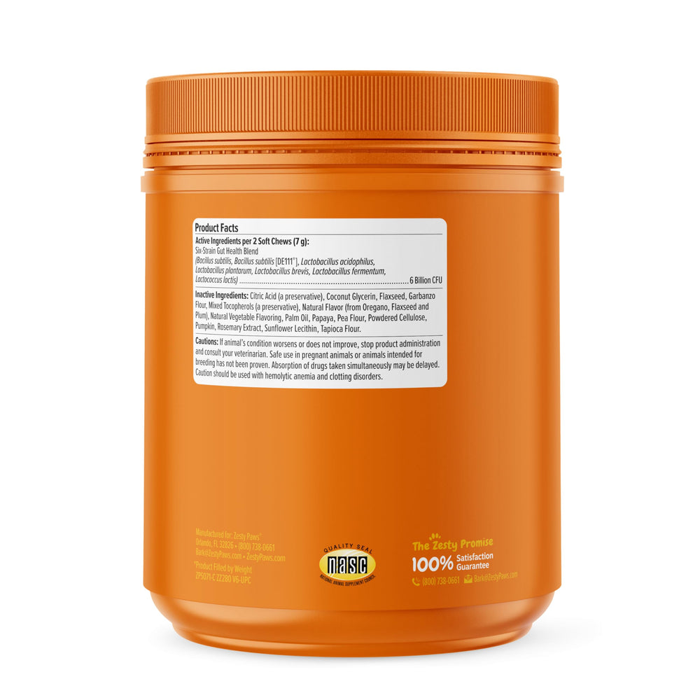 Zesty Paws gut flora boost supports microbial balance in dogs.