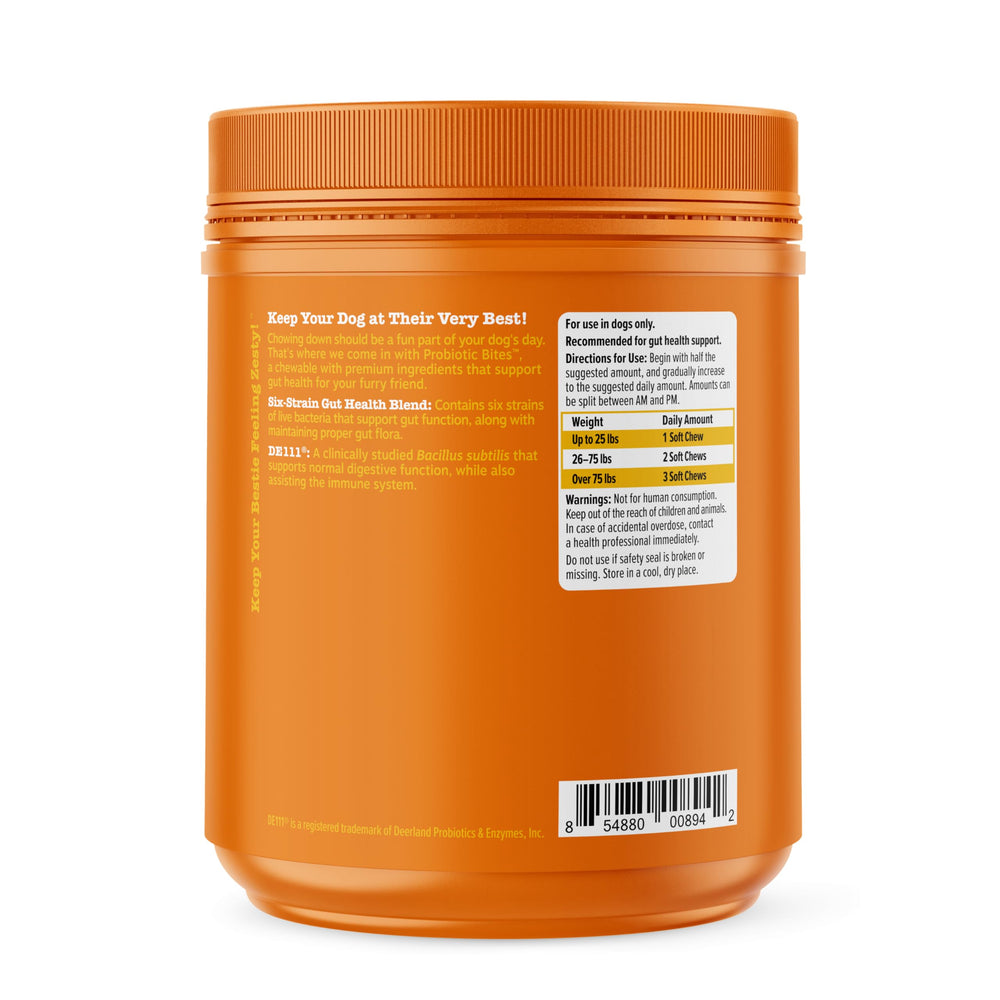 Zesty Paws probiotic chew targets immune support through Lactobacillus and DE111.