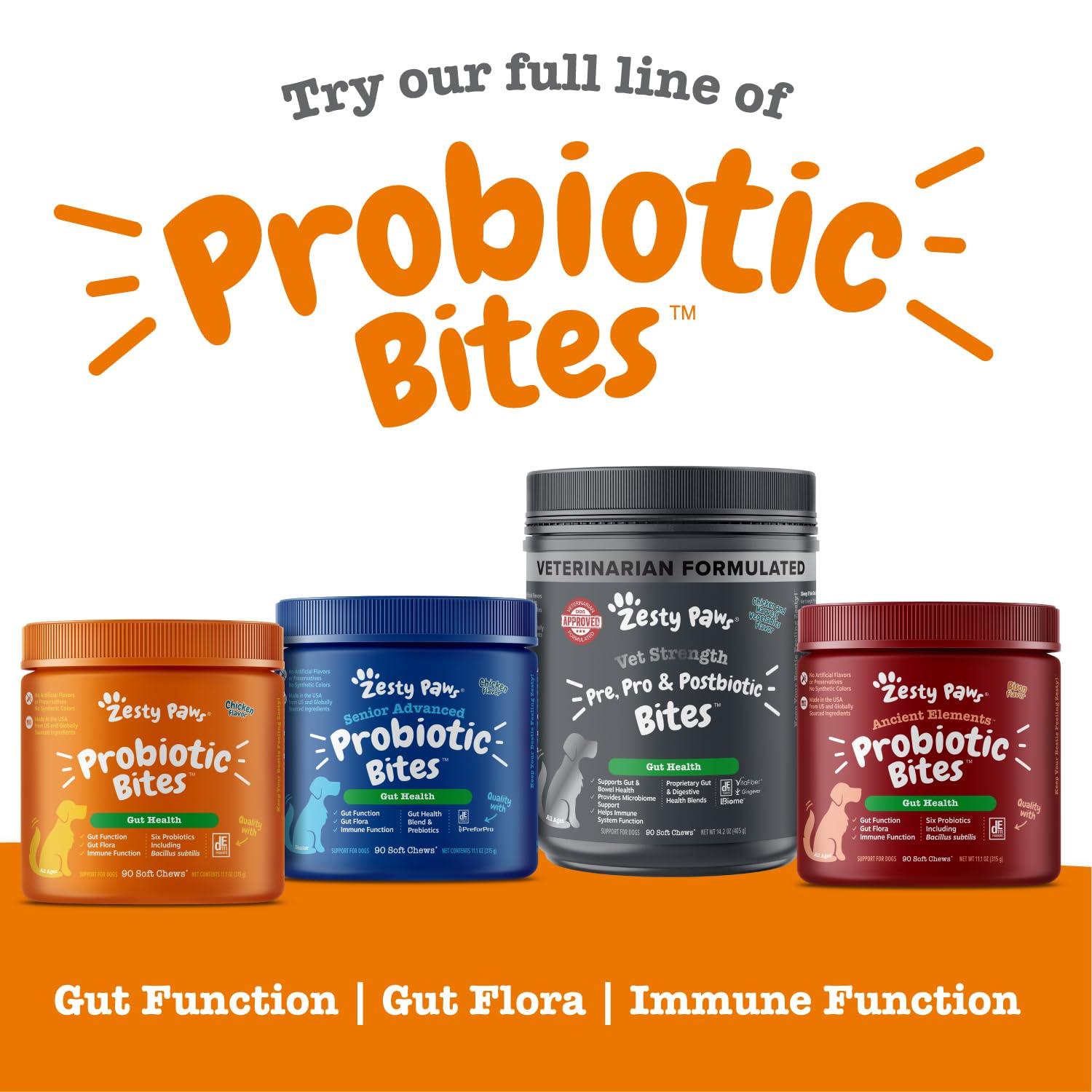 Zesty Paws probiotic jar; convenient daily dog supplement.