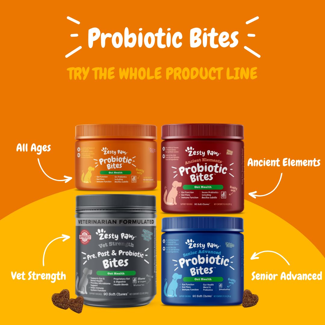 Zesty Paws six-strain probiotic blend supports healthy gut flora.