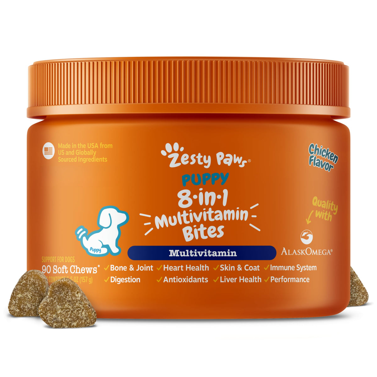 Zesty Paws Puppy Multivitamin Bites promote daily immune support and vitality.