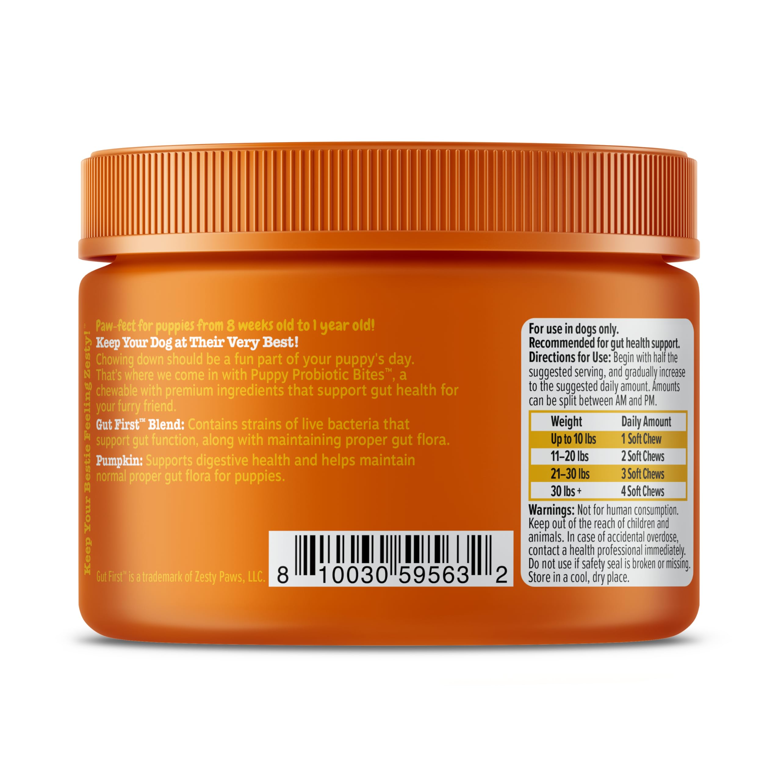 Zesty Paws Puppy Probiotics bite-sized formula for easy dosing.