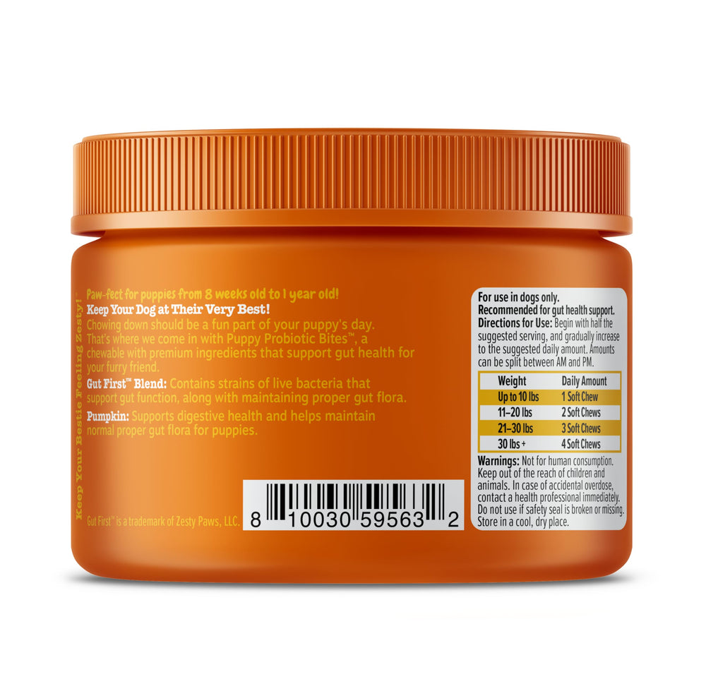 Zesty Paws Puppy Probiotics bite-sized formula for easy dosing.