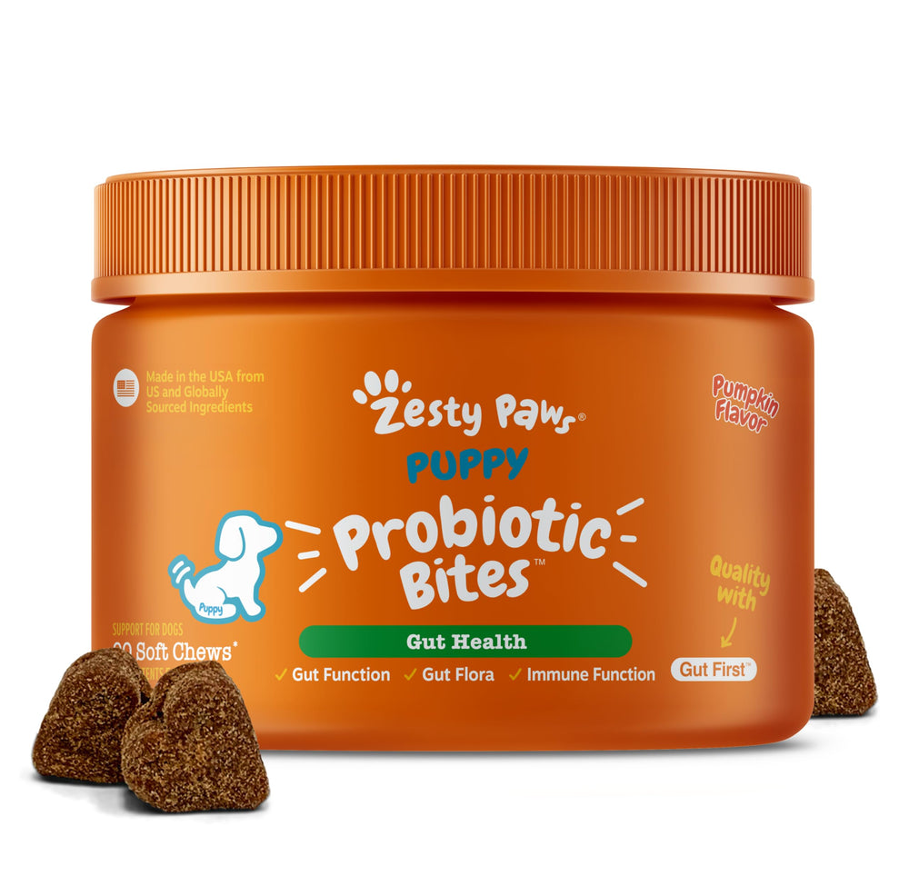 Zesty Paws Puppy Probiotics bottle close-up for convenient daily use.