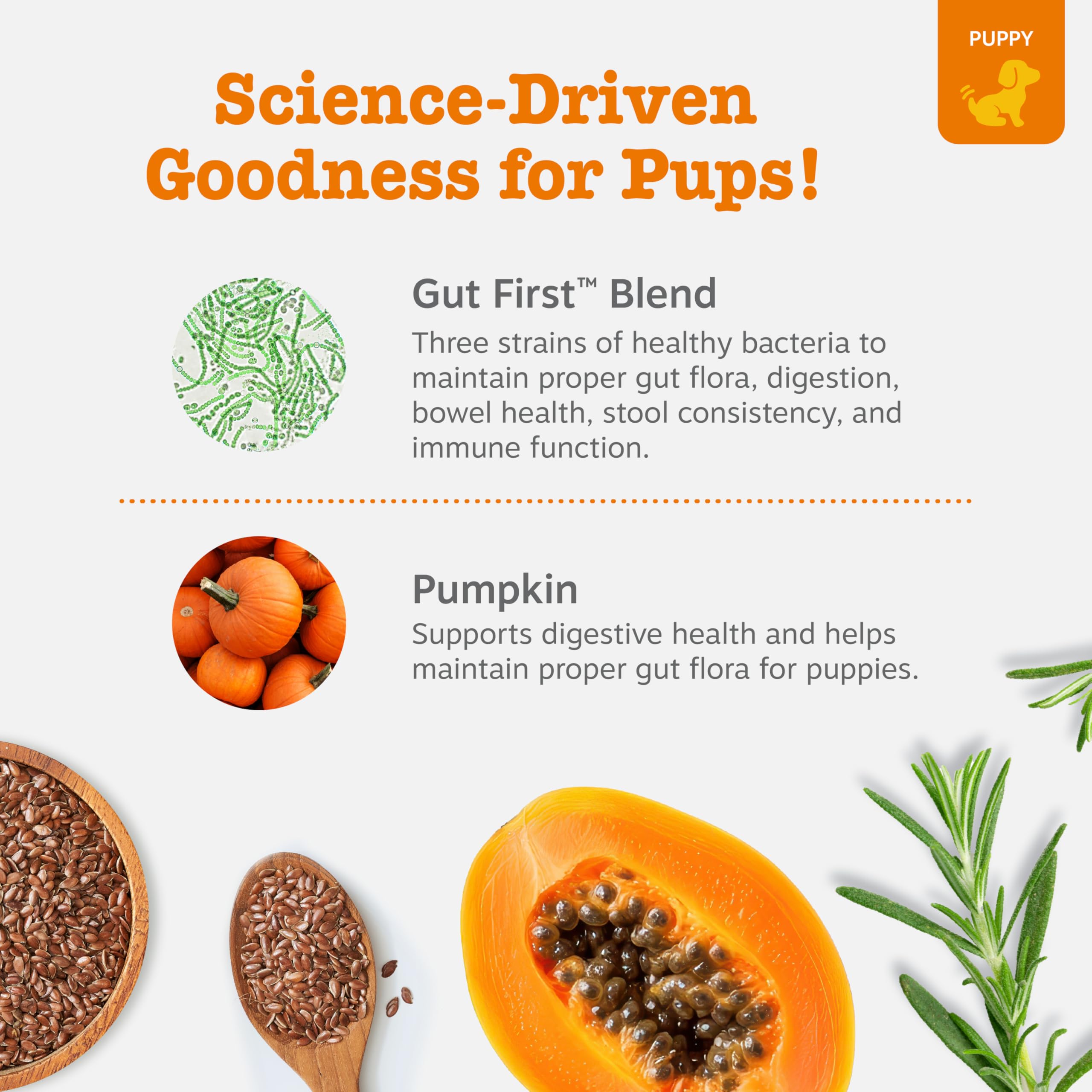 Zesty Paws Puppy Probiotics three-strain blend supports digestion and immunity.