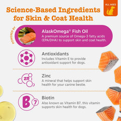 Zesty Paws Salmon Oil chews close-up highlight tasty salmon flavor for skin benefits.