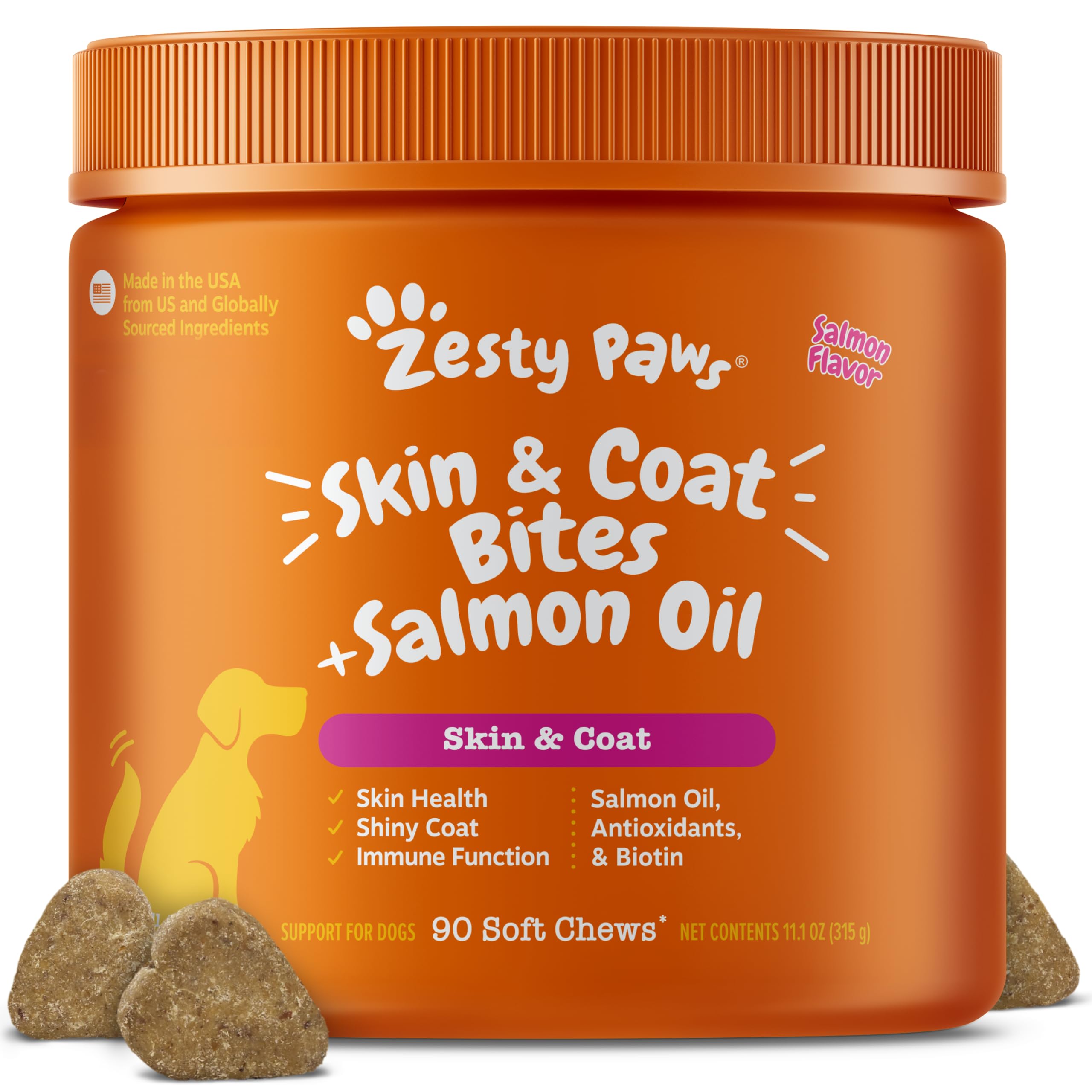 Zesty Paws Salmon Oil bottle showing omega-3 support for dogs' skin and coat.