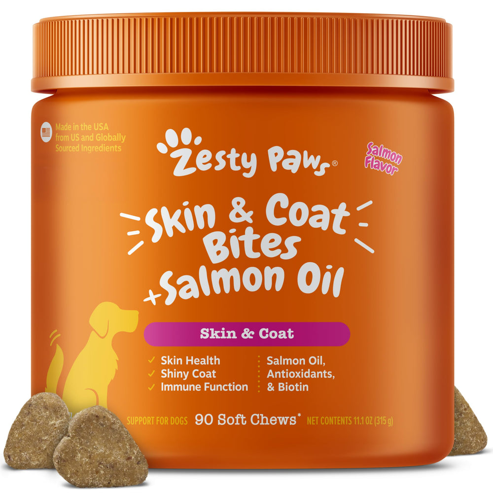 Zesty Paws Salmon Oil bottle showing omega-3 support for dogs' skin and coat.