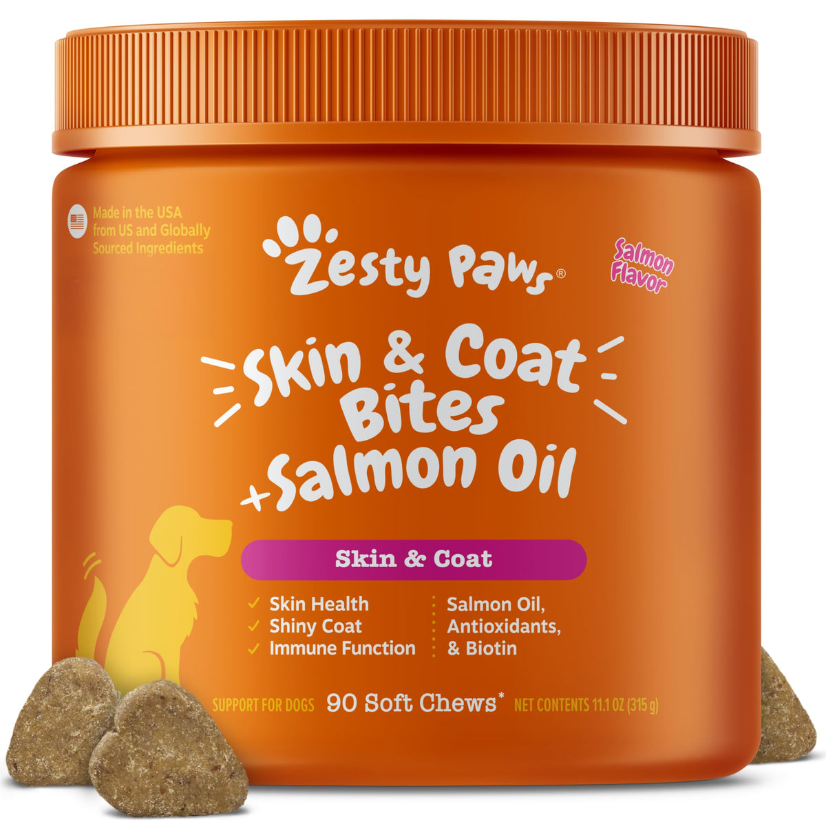 Zesty Paws Salmon Oil bottle showing omega-3 support for dogs' skin and coat.