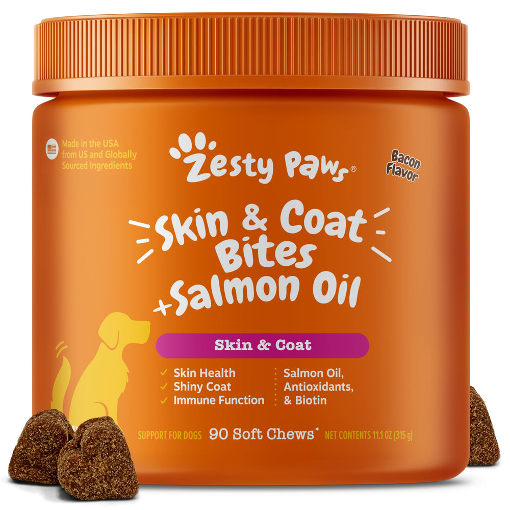 Zesty Paws Salmon Oil bottle pour shows premium skin and coat support