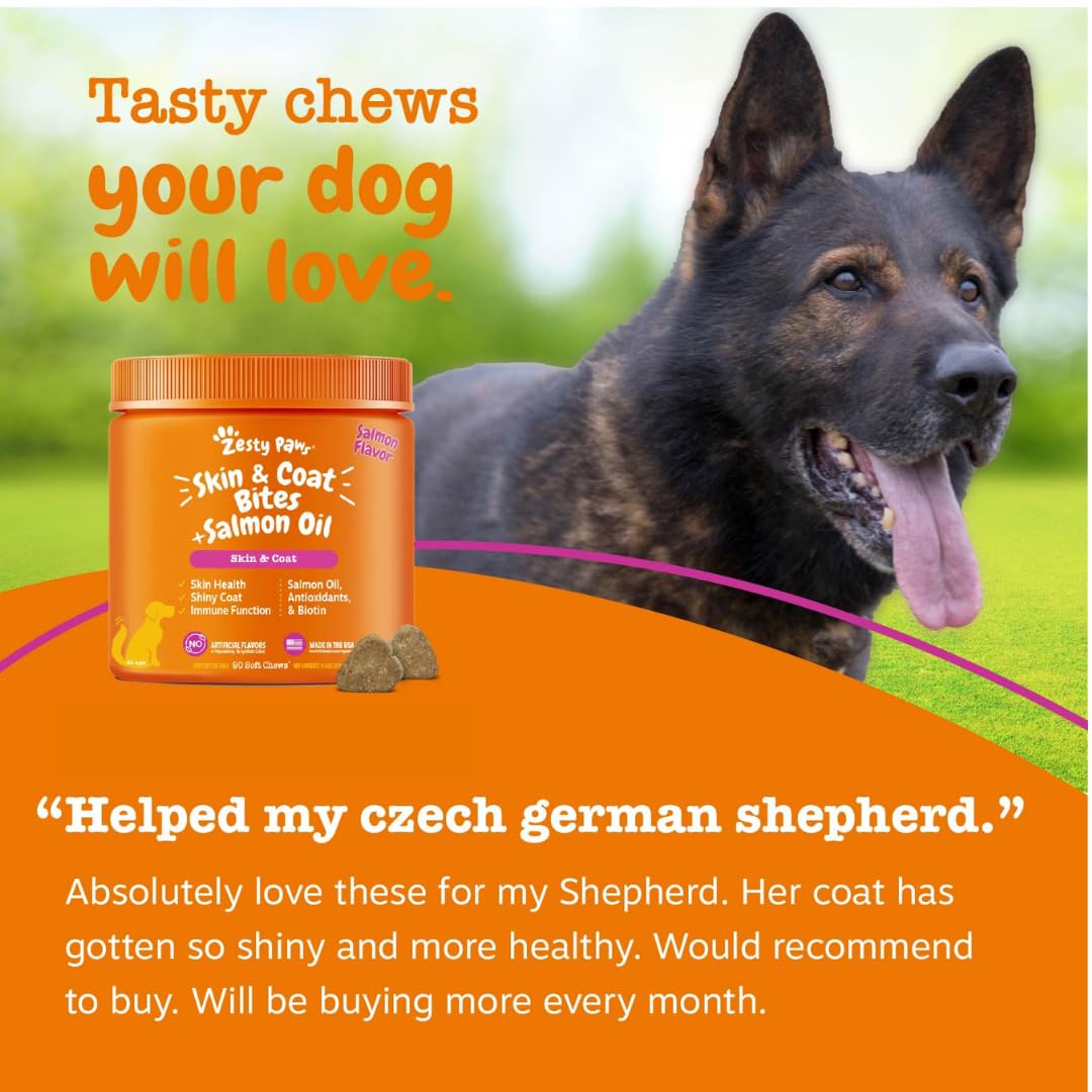 Zesty Paws Salmon Oil bottle beside dog implies joint and heart health.