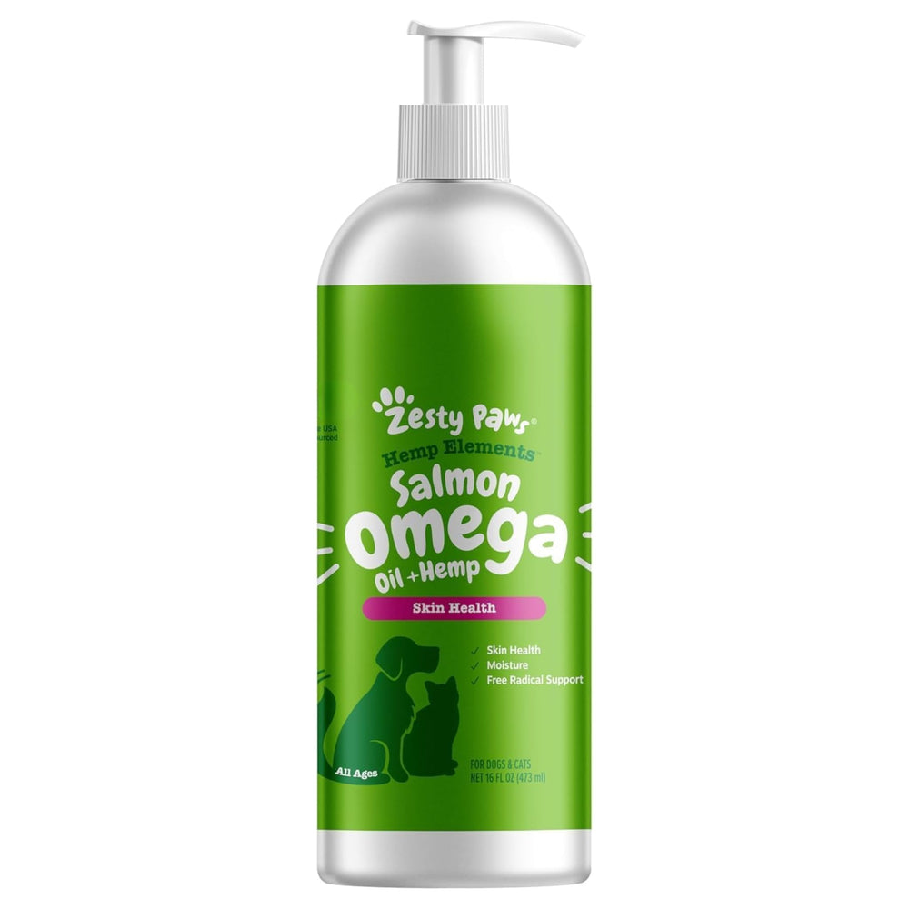 Zesty Paws Salmon Omega Oil hemp bottle supports pet skin moisture.