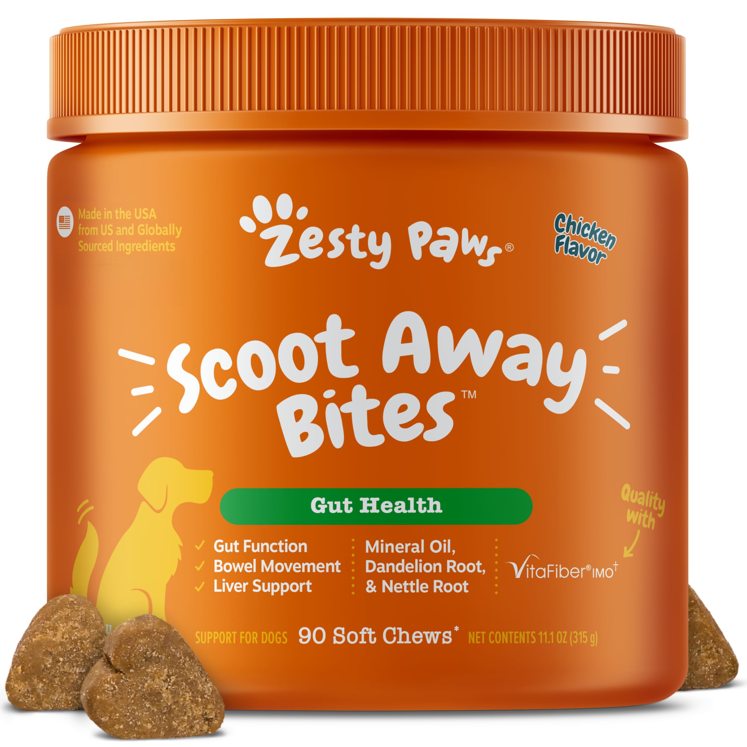Zesty Paws Scoot Away bottle label highlights VitaFiber and Dandelion Root for gut support