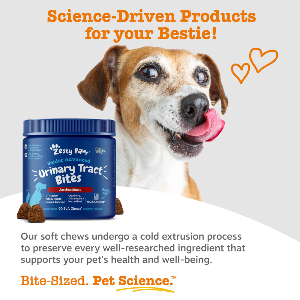 Bottle label on Zesty Paws Cranberry emphasizes urinary tract support for pets.