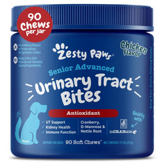 Zesty Paws Senior Cranberry chews bottle promotes urinary tract support for aging dogs.