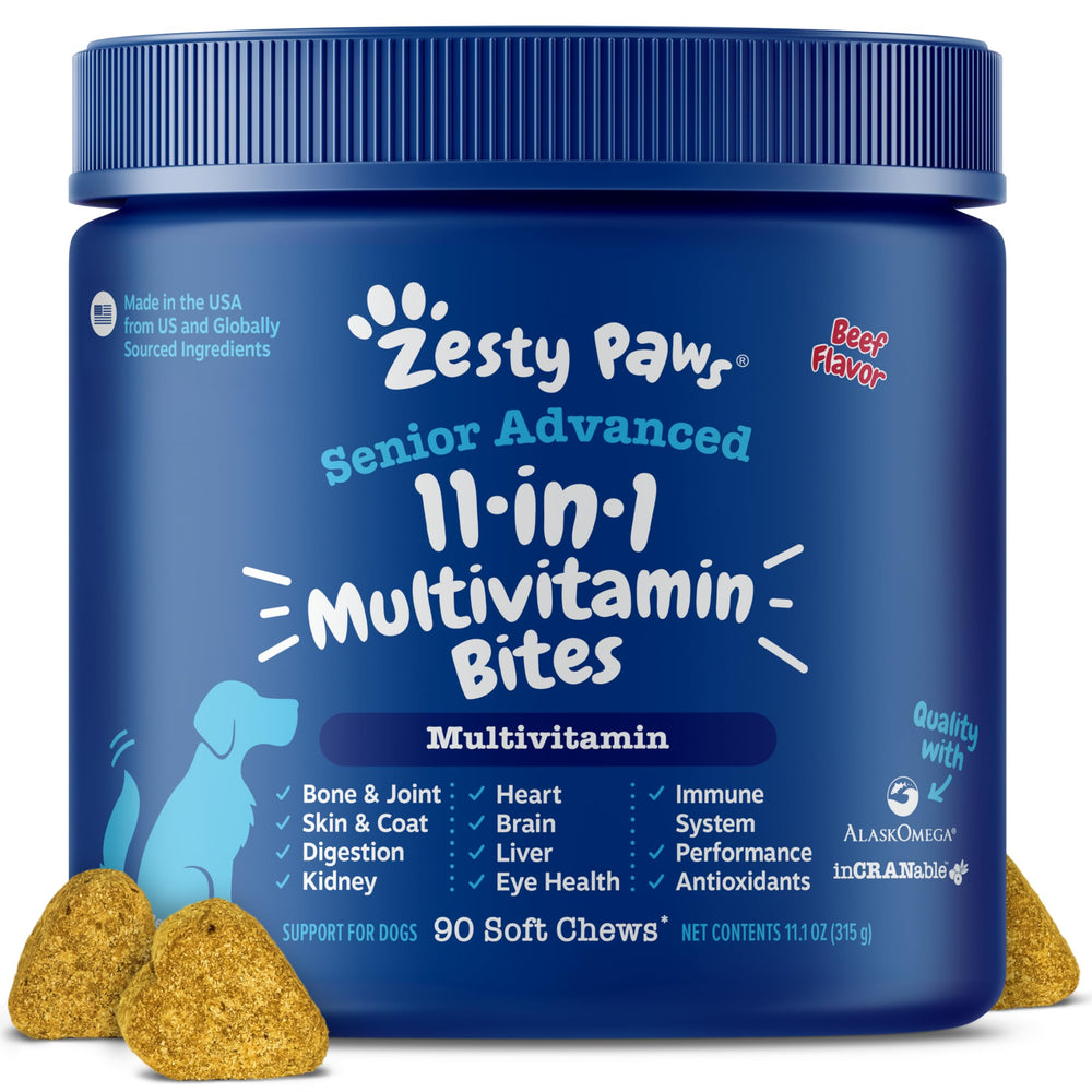 Zesty Paws Senior Dog Multivitamin bottle showcasing immune, joint, and coat benefits.