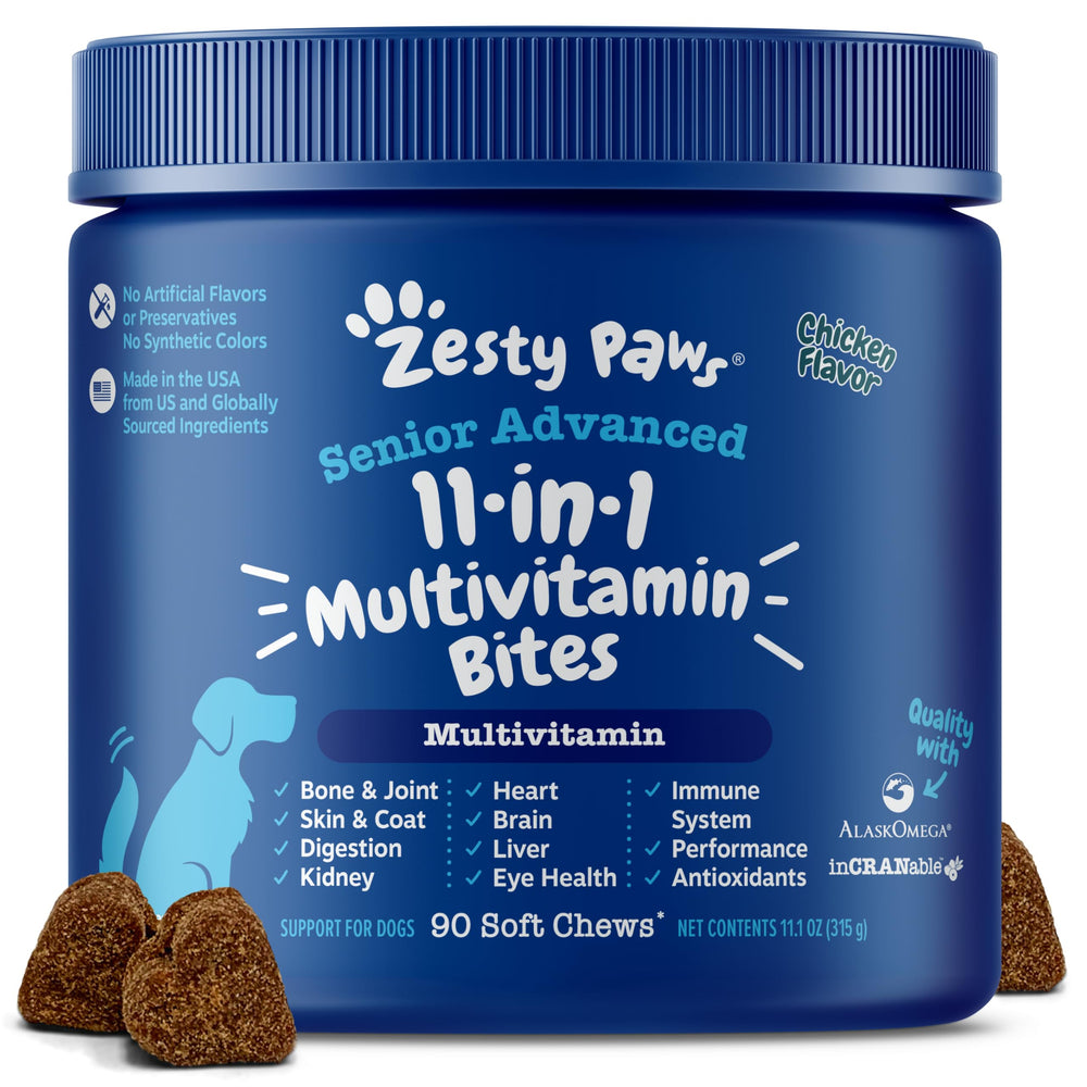 Zesty Paws senior dog multivitamin bottle with 8 in 1 benefits