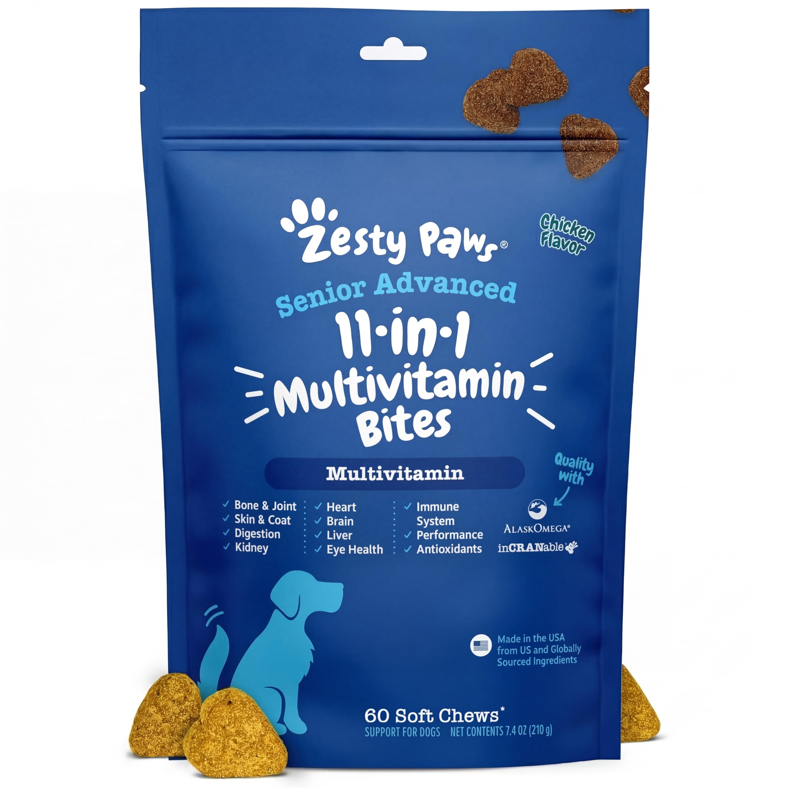 Zesty Paws Senior Dog Multivitamin Treats front label; supports senior wellness.