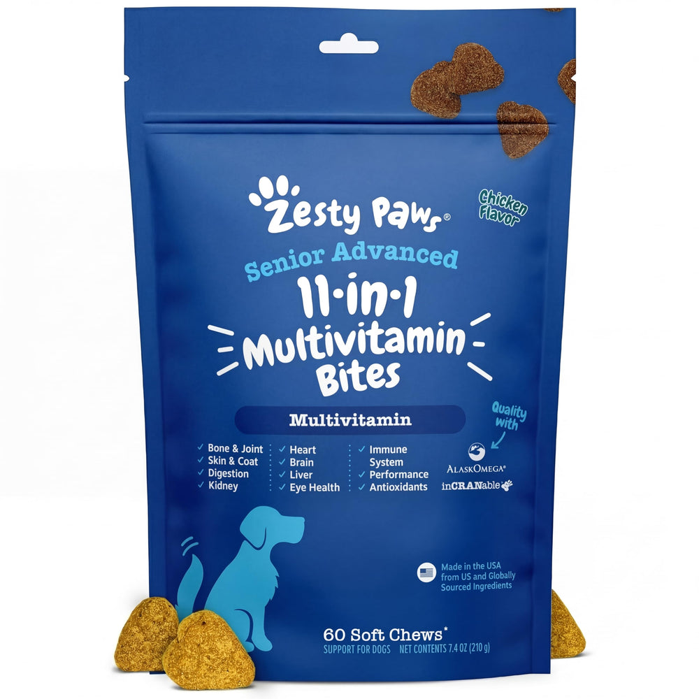 Zesty Paws Senior Dog Multivitamin Treats front label; supports senior wellness.