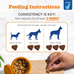 Zesty Paws ingredients close-up; shows glucosamine and digestive enzymes for joint and gut support.
