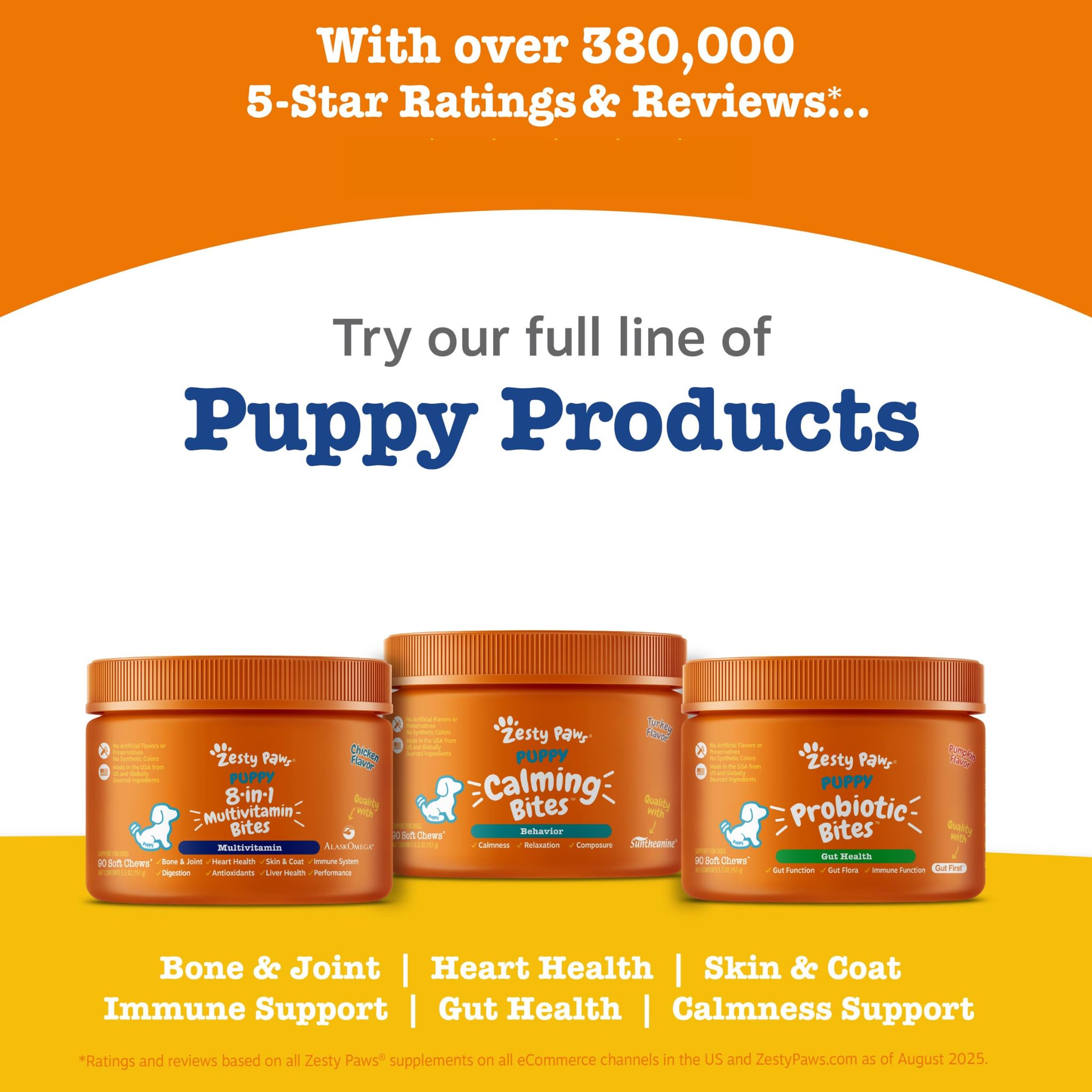 Zesty Paws Six-Strain Probiotic Blend supports gut flora balance.