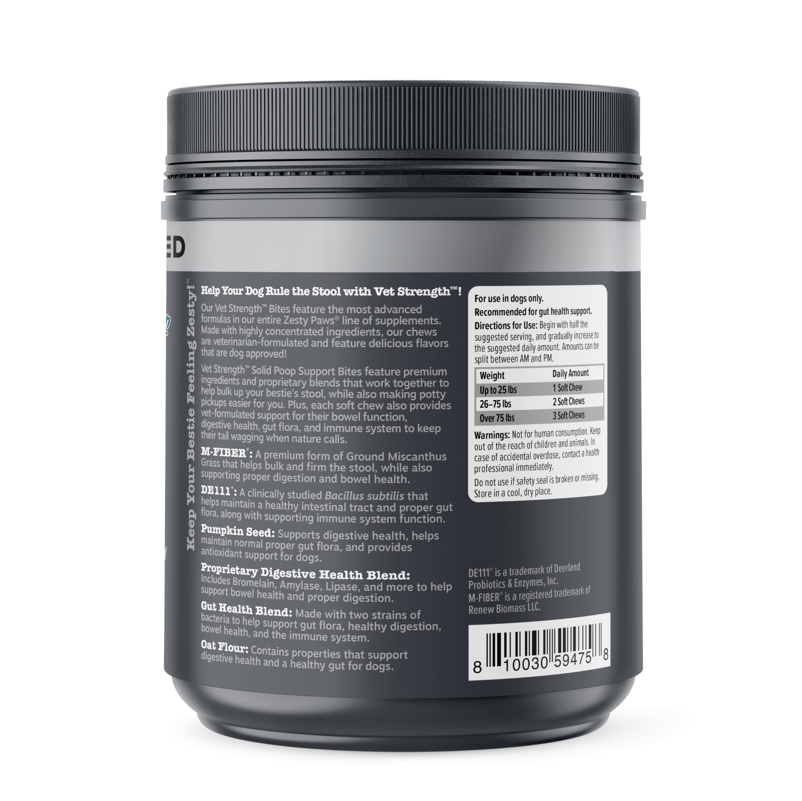 Ingredient label focus on Zesty Paws Solid Poop Support Bites showing vet-formulated care.