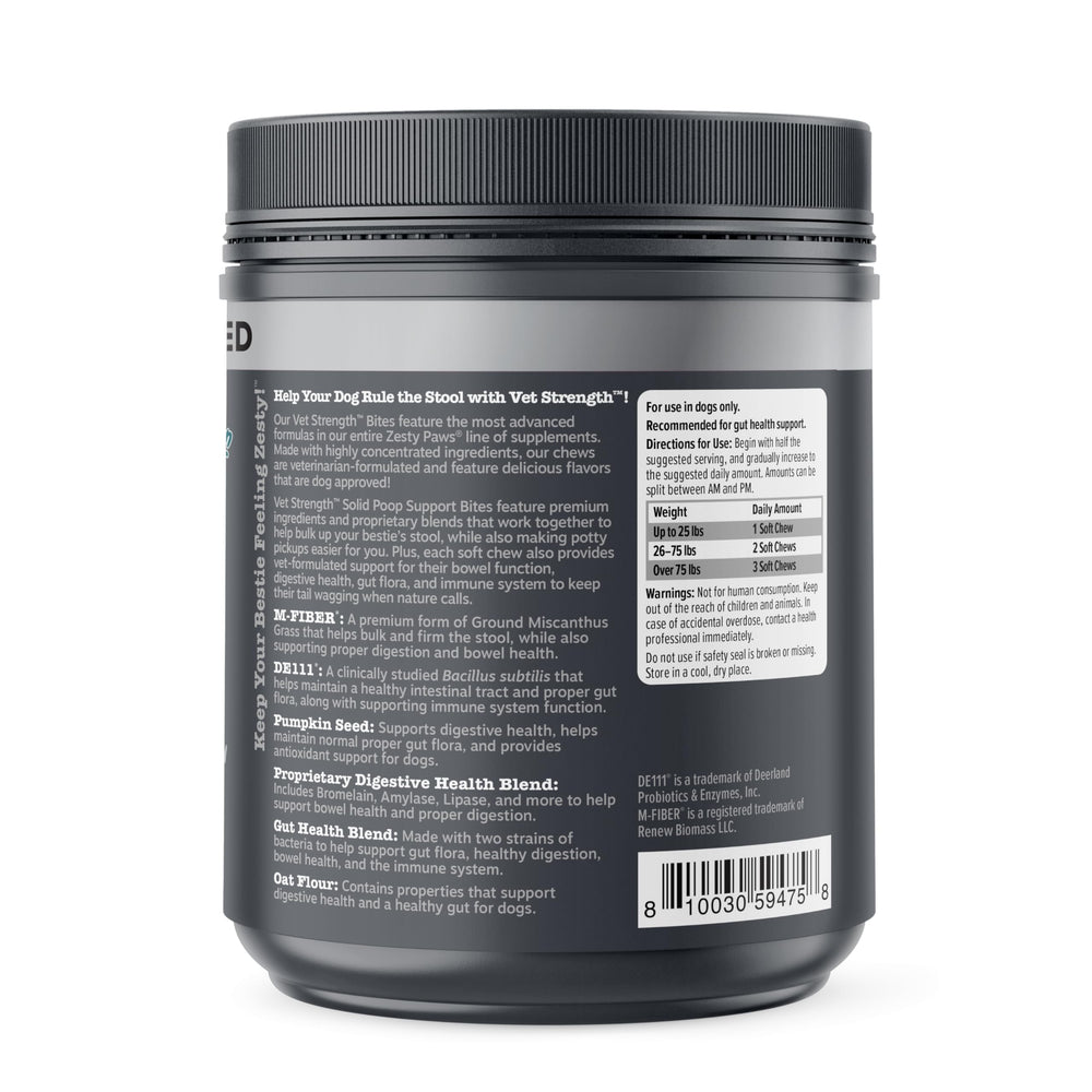 Ingredient label focus on Zesty Paws Solid Poop Support Bites showing vet-formulated care.