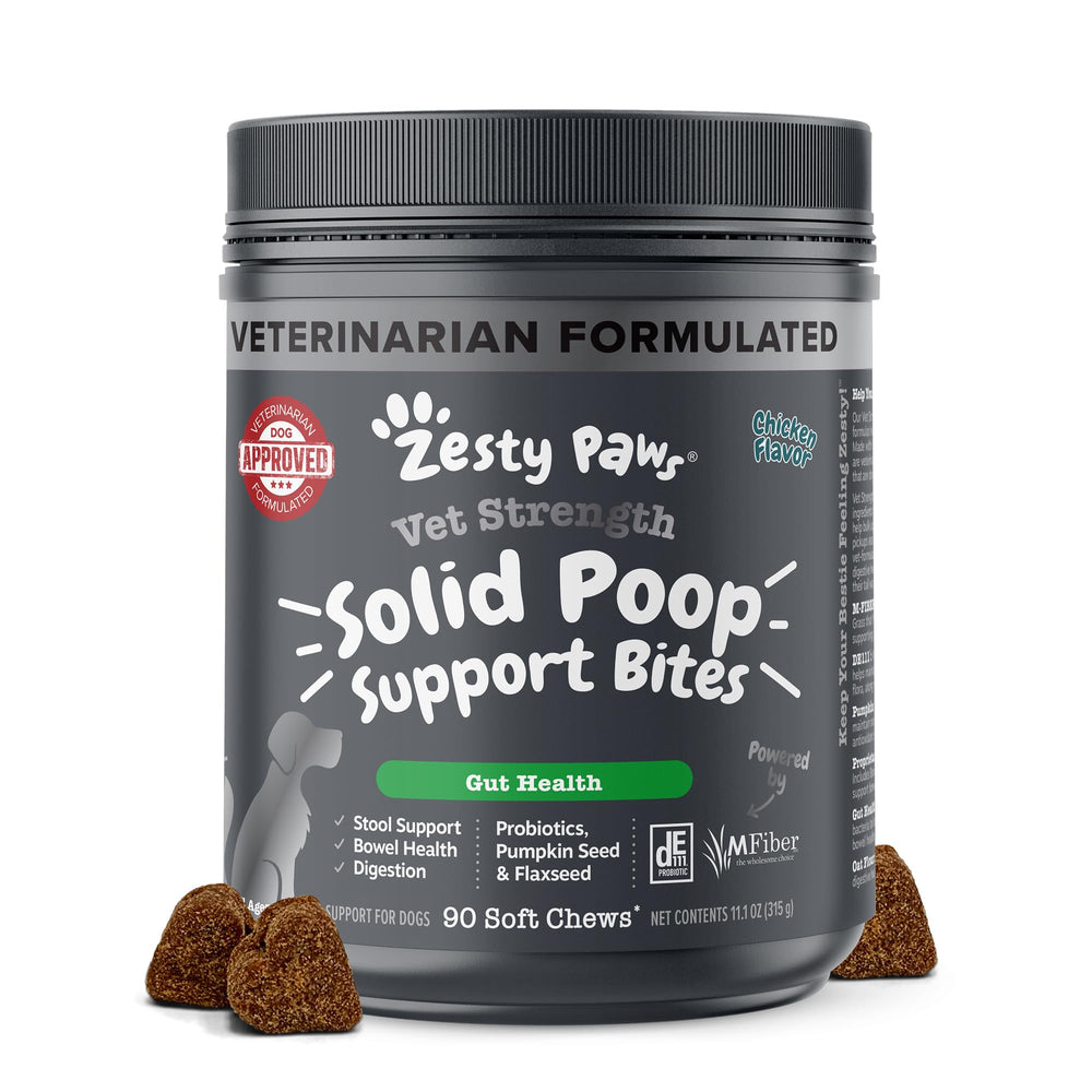 Zesty Paws Solid Poop Support Bites packaging showing pumpkin and probiotic blend for gut health.