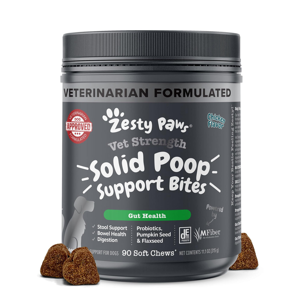 Zesty Paws Solid Poop Support Bites packaging showing pumpkin and probiotic blend for gut health.