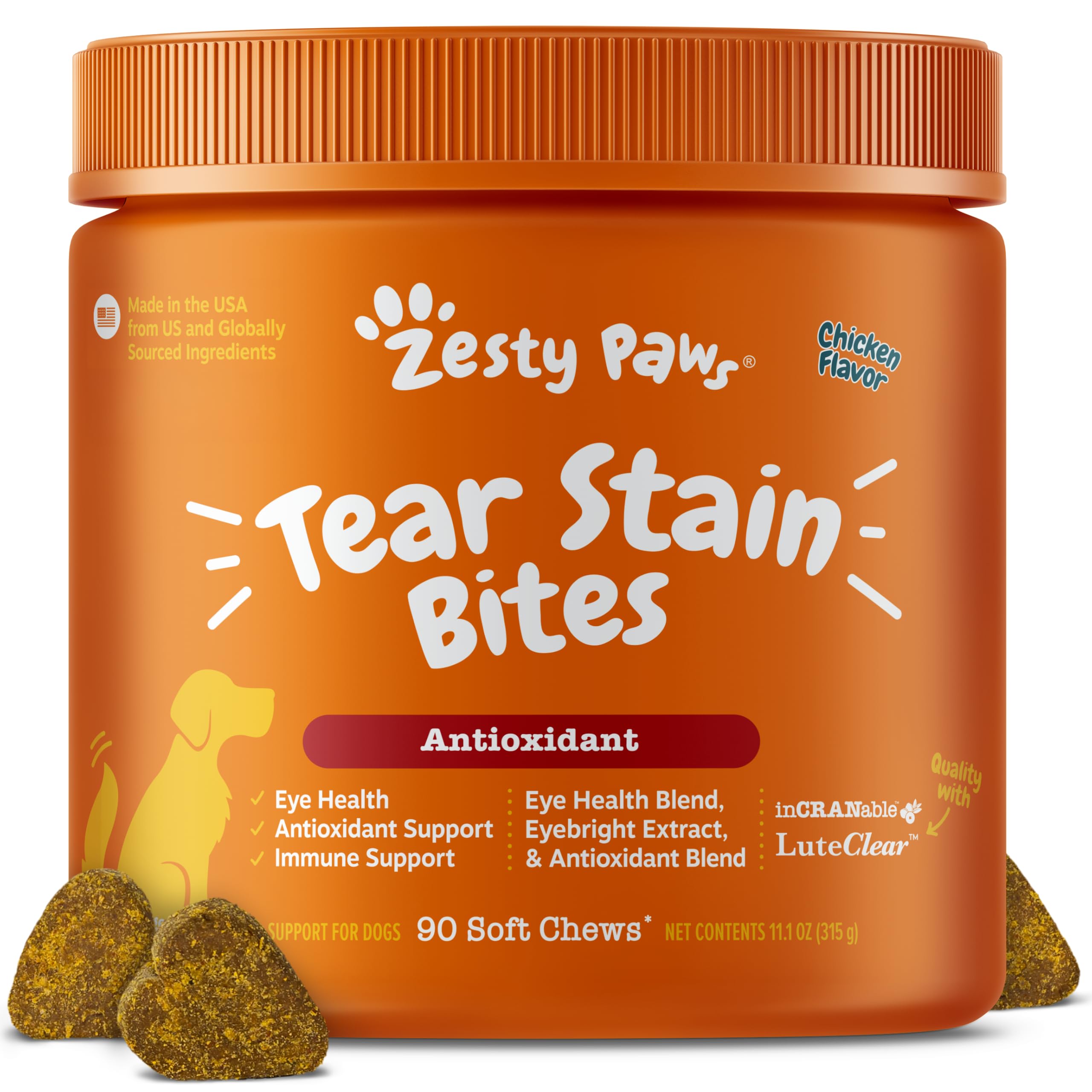 Zesty Paws Tear Stain soft chews with chicken flavor in bottle to support eye moisture