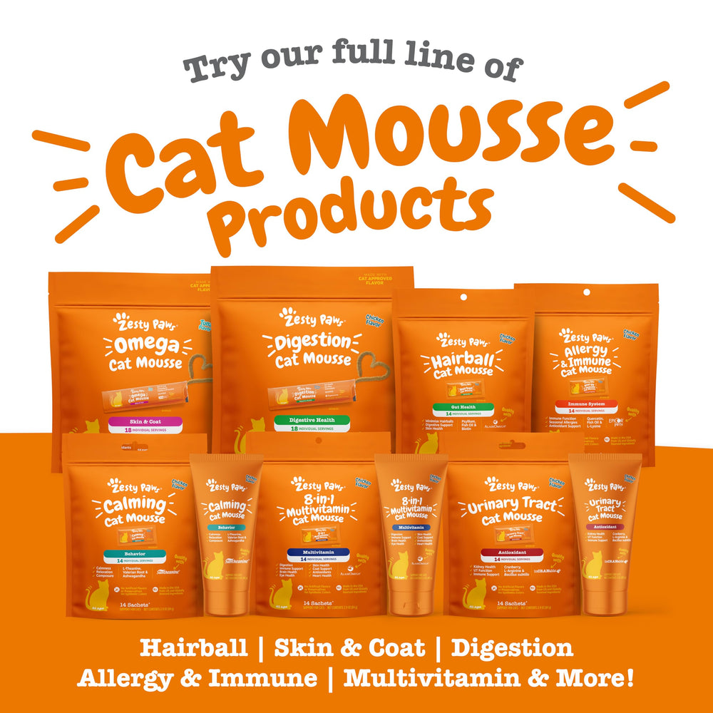 Serving dish with Zesty Paws Mousse shown for daily urinary health routine