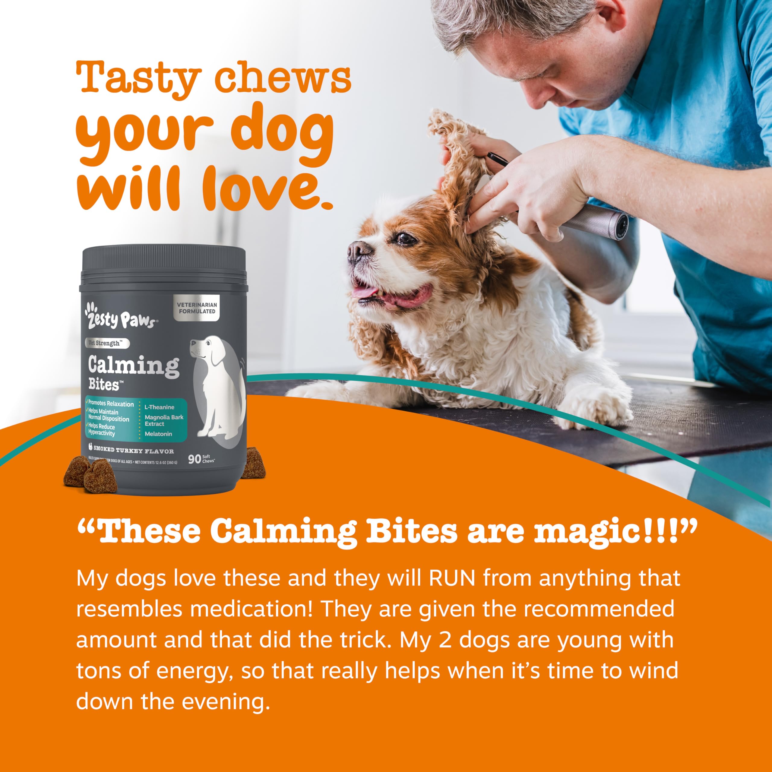 Dog calmly riding in a car after Zesty Paws Vet Strength calming chews.