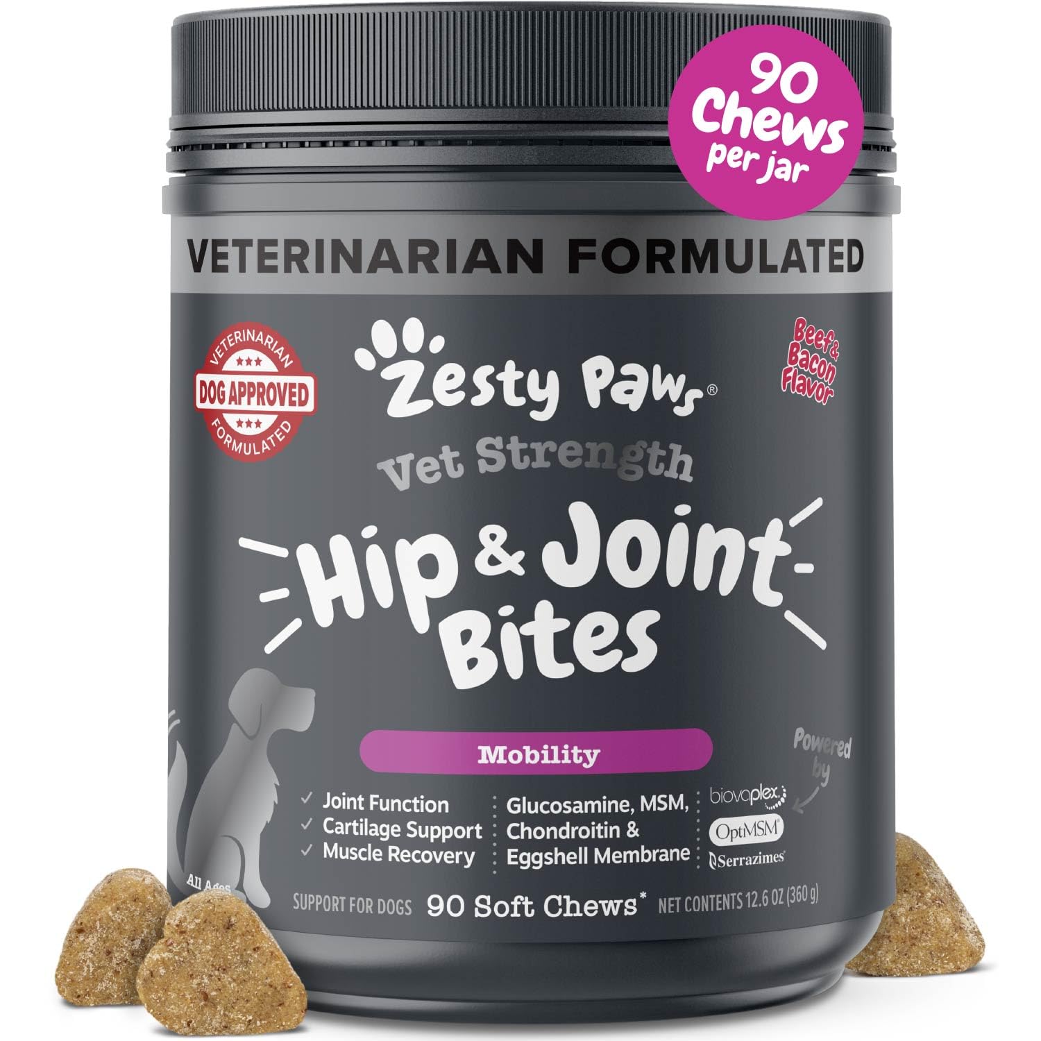 Zesty Paws Vet Strength Mobility Bites beef-bacon flavor chews for joint comfort