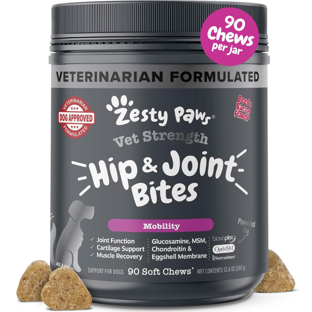 Zesty Paws Vet Strength Mobility Bites beef-bacon flavor chews for joint comfort