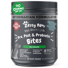 Zesty Paws Vet Strength Probiotics packaging highlights dog-friendly digestive support