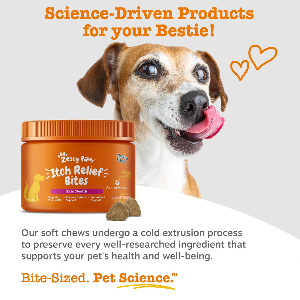 Zesty Paws vitamin C and E antioxidants highlight skin and coat support.