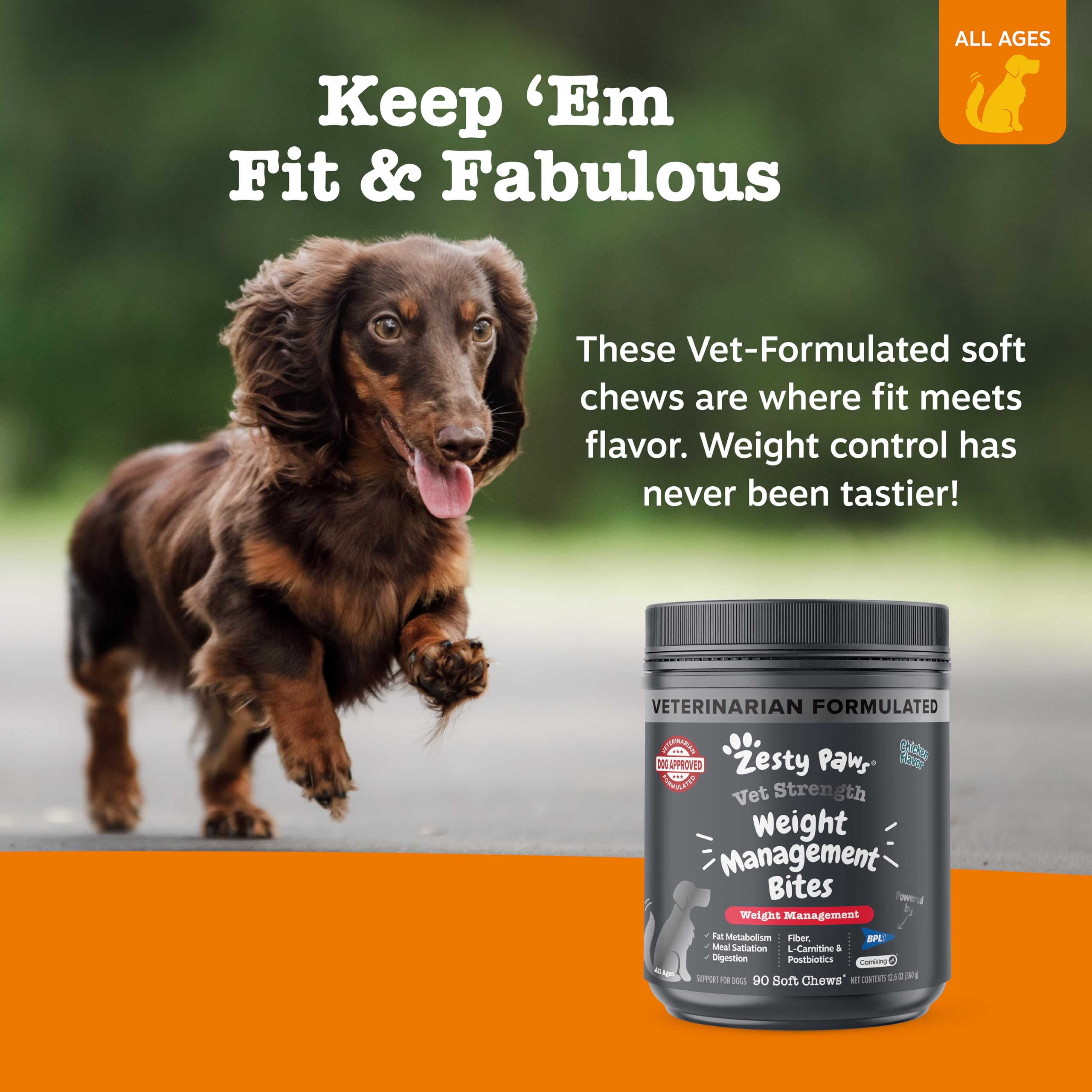 Zesty Paws Weight Management Bites chews are shown for dogs of all sizes, supporting flexible weight management.