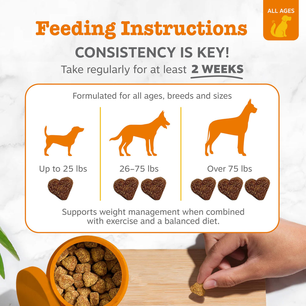Zesty Paws Weight Management Bites formula includes BPL1 postbiotic and B vitamins for digestive balance.