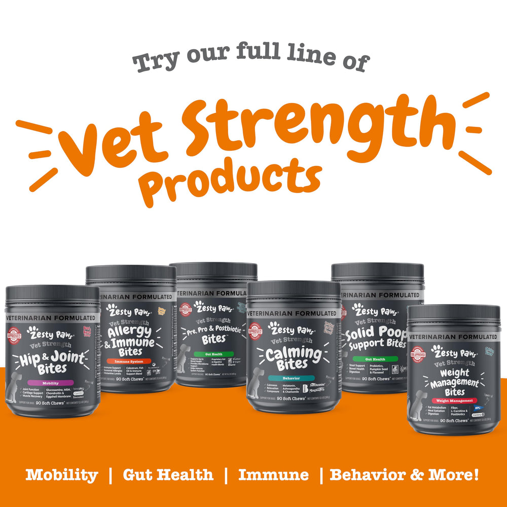 Zesty Paws packaging highlights veterinarian formulation for trusted use.