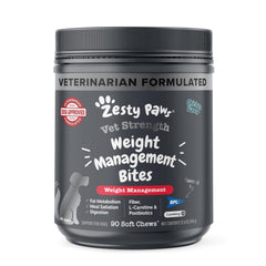 Zesty Paws Weight Management Bites pouch open showing soft chews for appetite support.
