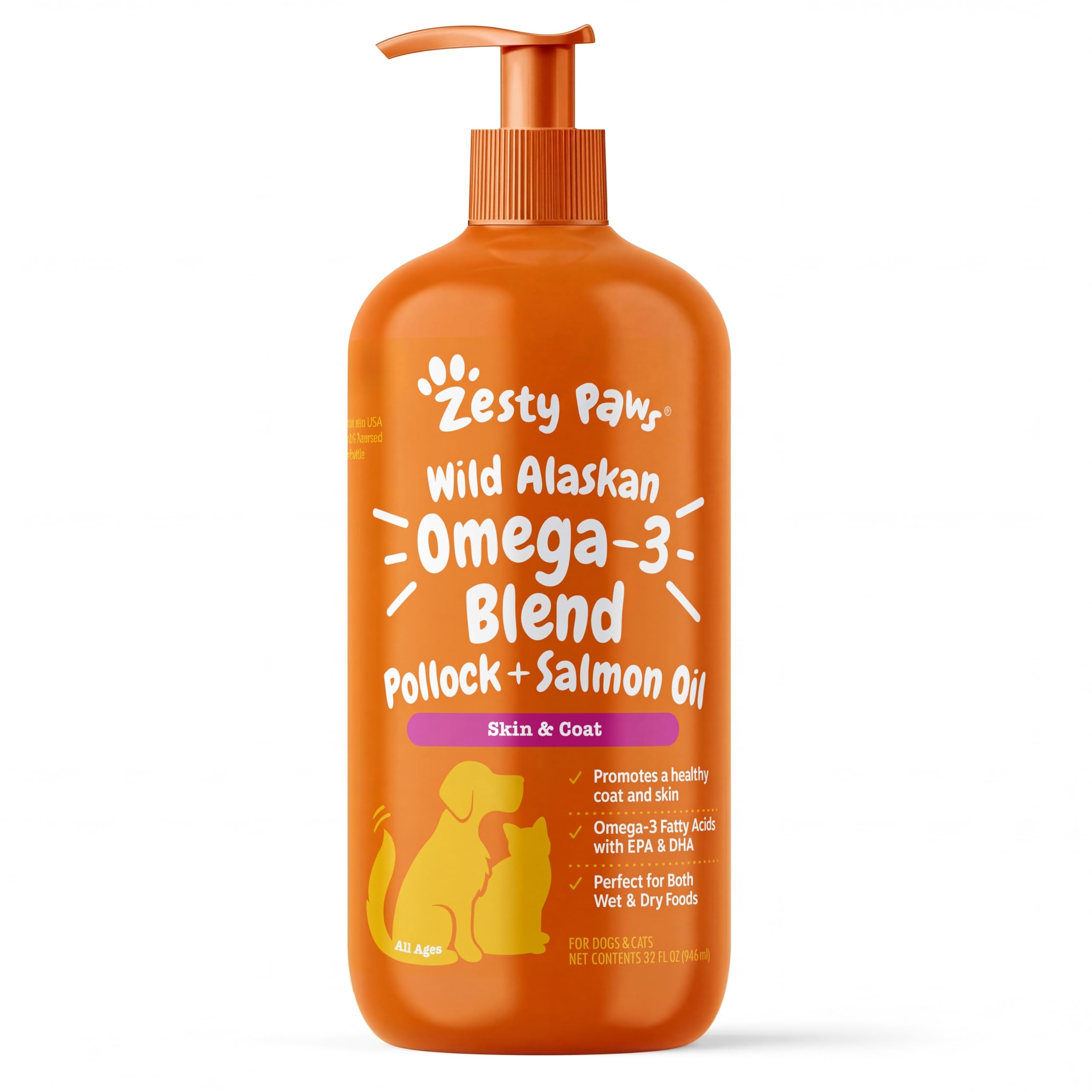 Zesty Paws Wild Alaskan Omega-3 bottle pouring onto dog food for a shinier coat