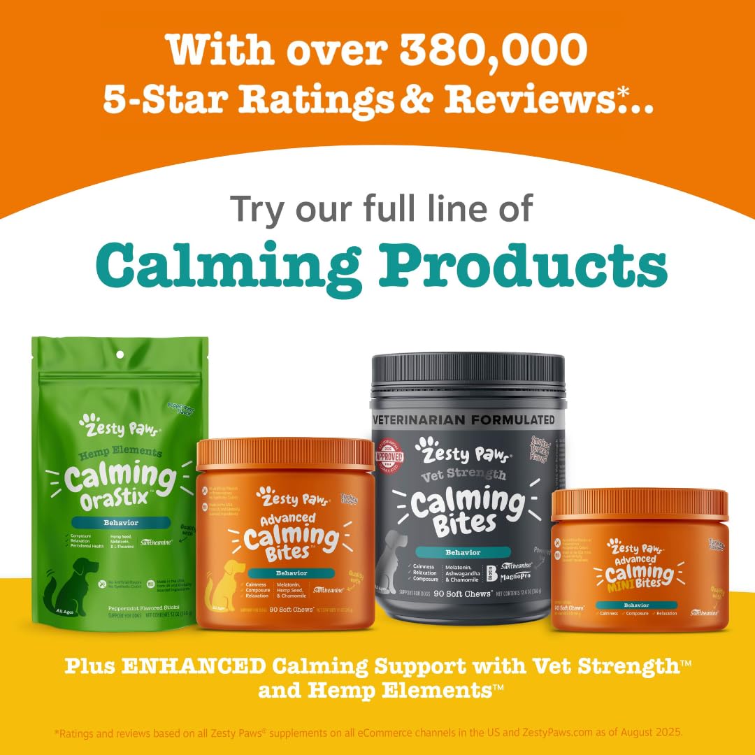 Zesty Paws senior calming cognition soft chews ashwagandha image focuses on stress support