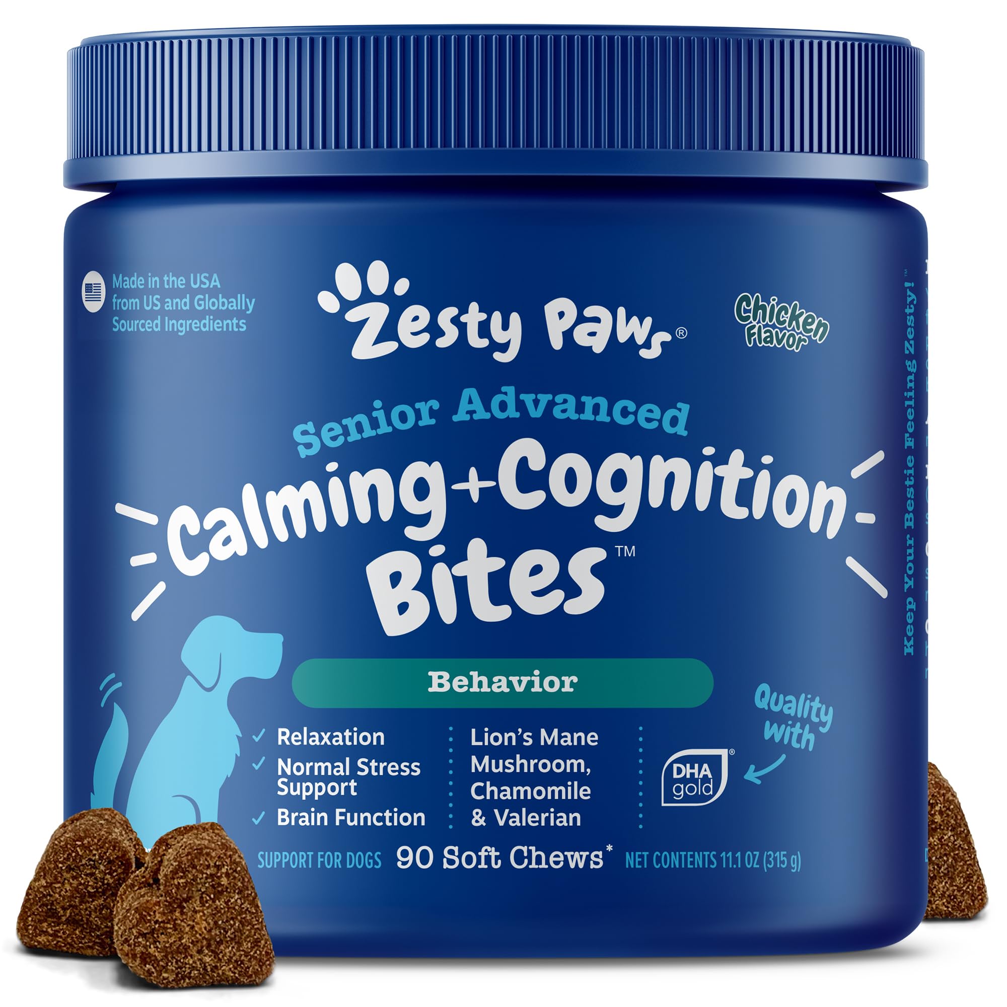 Zesty Paws Senior Calming & Cognition soft chews bottle supports a calmer mood for dogs