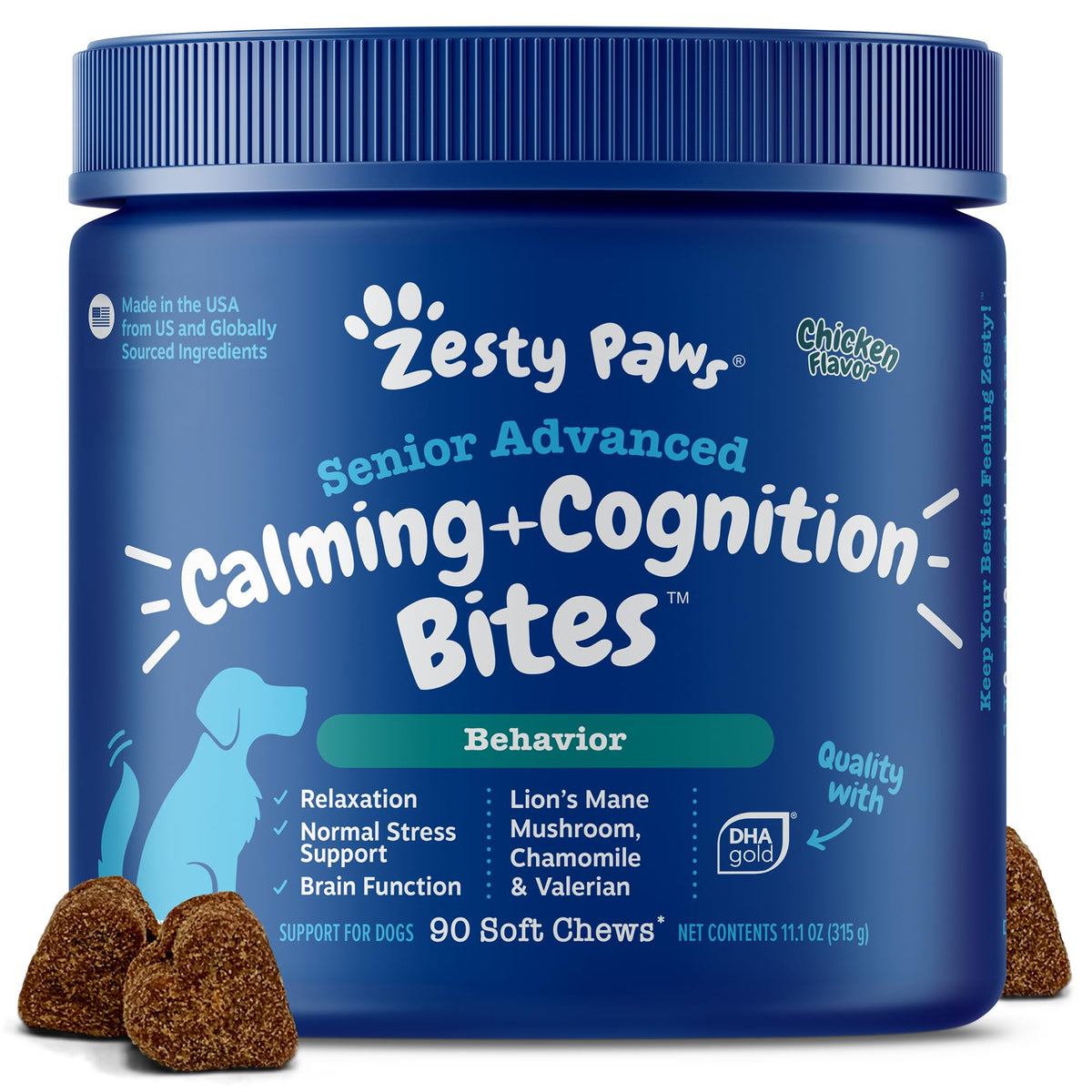 Zesty Paws Senior Calming & Cognition soft chews bottle supports a calmer mood for dogs