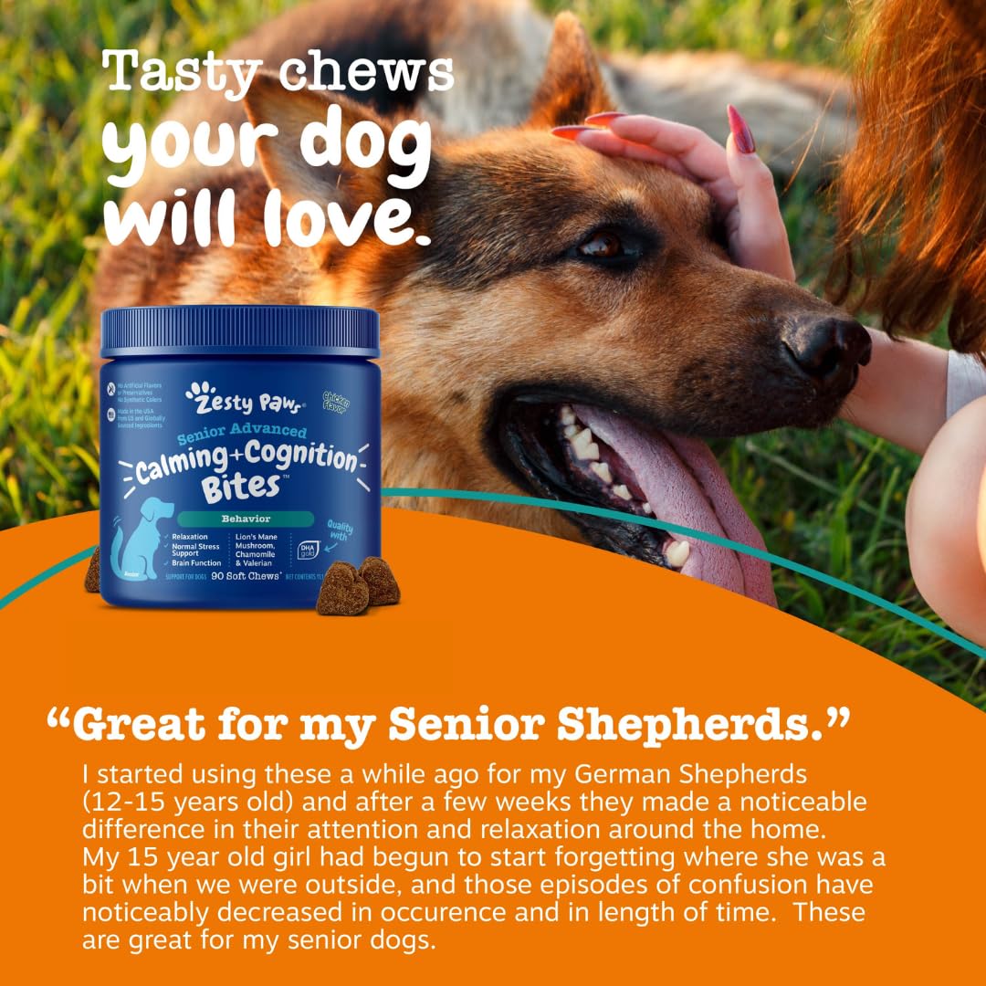 Zesty Paws senior calming cognition soft chews ingredients panel shows DHA and mushroom